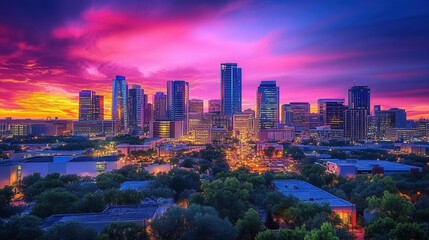 Obraz premium Vibrant Fort Worth Skyline at Sunset: Texas Cityscape Panorama