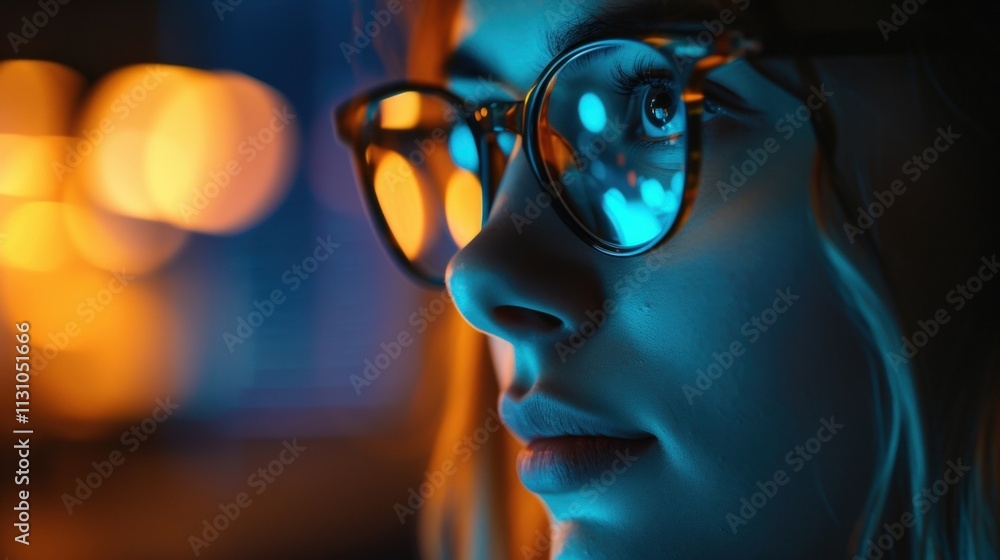 Poster a closeup of a workers face lit up by the glow of their computer screen as they engage in an online 