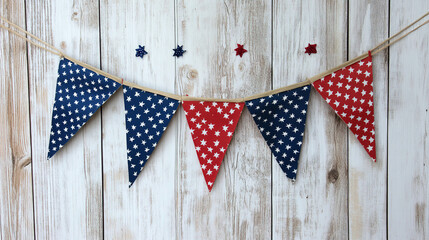 Obraz premium Decorative red and blue triangular bunting with star patterns celebrating a festive occasion at an indoor location. Generative AI
