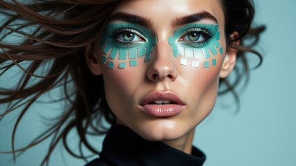 Fototapeta premium Bold face body art on a woman with sleek lines, showcasing a modern and stylish design.