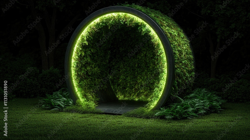 Poster a glowing, circular structure covered in greenery, set in a dark environment, creating a serene and 