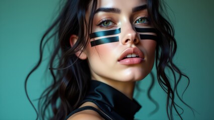 Fototapeta premium Bold face body art on a woman with sleek black lines, showcasing a modern and stylish design.