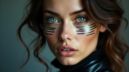 Fototapeta premium Artistic black line face design on a woman, blending body art with bold creative elegance.