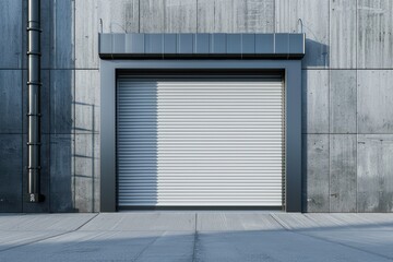 White automatic shutters in a house and gates in a garage with an automatic roll up gate or push up door on the ground floor of a modern building