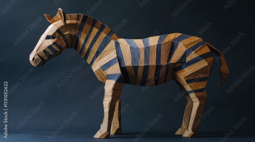 Poster a wooden zebra sculpture with intricate striped patterns and a realistic stance.
