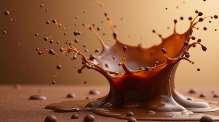 Fototapeta premium Beautiful dynamic coffee splash with many drops. Mocha color concept, color of the 2025 year