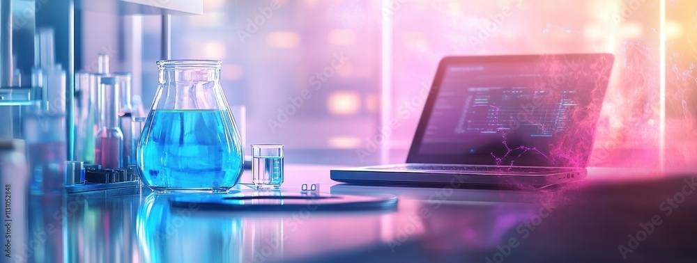 Poster a laboratory scene with a blue liquid in a flask and a laptop displaying data.
