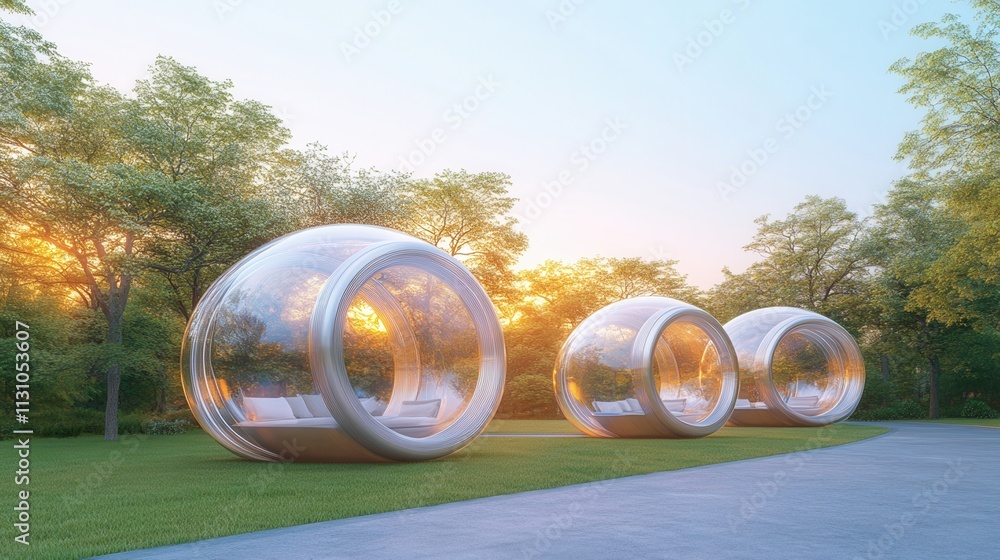 Poster three transparent, bubble-like structures nestled in a green landscape, illuminated by the soft glow