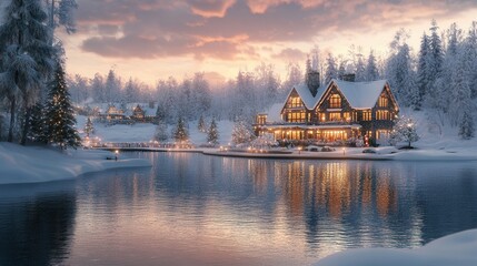 Fototapeta premium Winter Wonderland Lakeside Mansion: A Festive Christmas Evening at a Luxurious Mountain Retreat