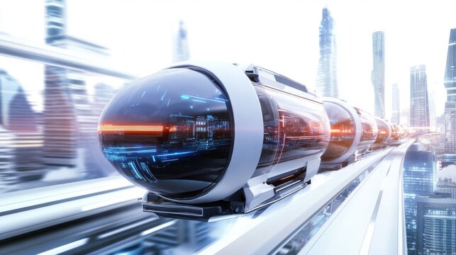 A futuristic transportation network in an industrial city, featuring autonomous vehicles and hyperloop systems, isolated on a white background.