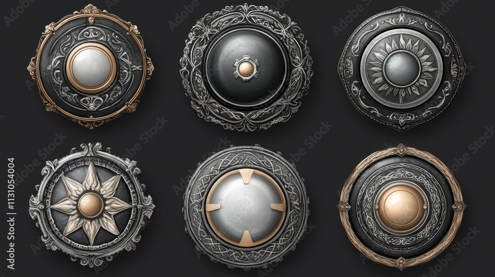 Poster buttons with fantasy frame for game ui design. silver banners or title bars with decorative borders 