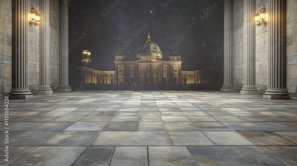 Poster a grand architectural space with columns, leading to a distant dome under a starry sky.
