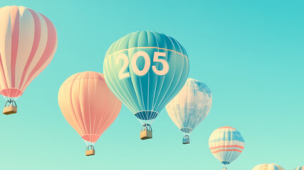 Fototapeta premium Pastel colored hot air balloons gracefully floating in a clear blue sky with the numbers emblazoned on their sides symbolizing a hopeful and inspiring future. Emblazoned. Illustration