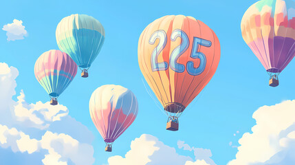 Fototapeta premium Pastel colored hot air balloons gracefully floating in a clear blue sky with the numbers emblazoned on their sides symbolizing a hopeful and inspiring future. Emblazoned. Illustration