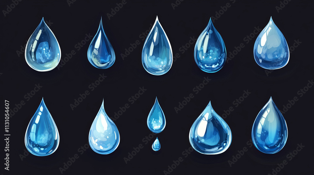 Poster cartoon water tear vector icon set vector. liquid drop graphic with splash, puddle, falling waterfal
