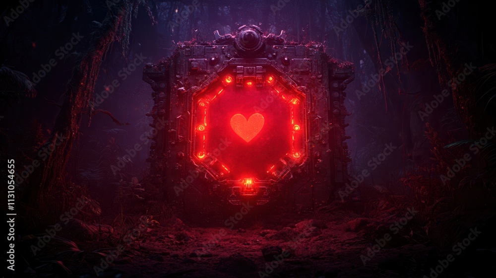 Poster a mystical portal framed by dark foliage, illuminated with a glowing red heart symbol, creating an e