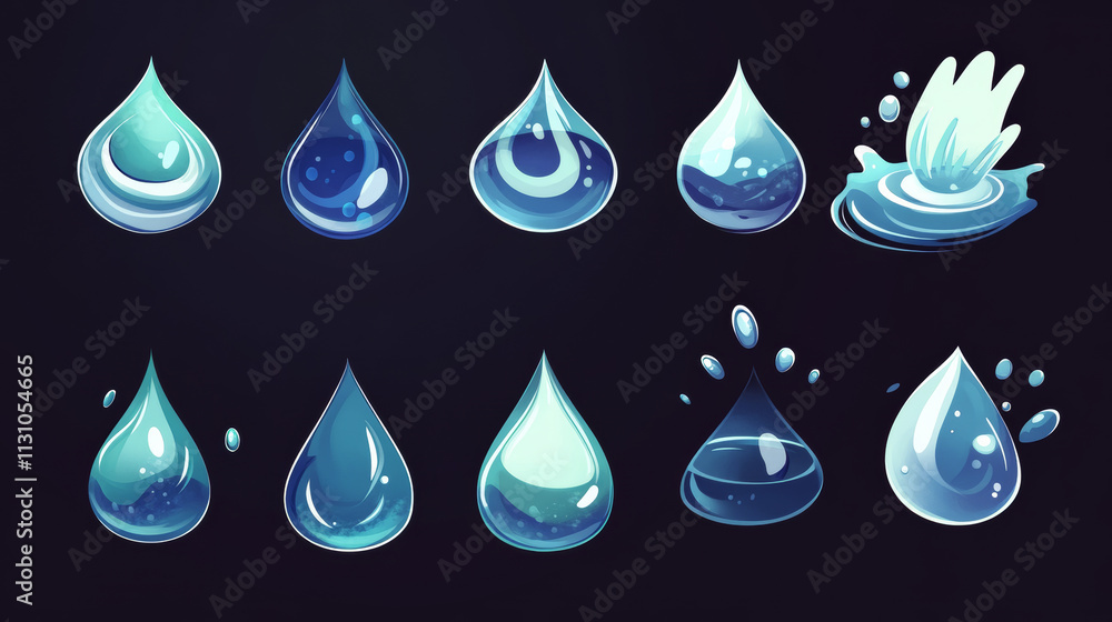Poster Cartoon water tear vector icon set vector. Liquid drop graphic with splash, puddle, falling waterfall and teardrop symbol isolated on dark background. Simple clean splatter motion fluid design.