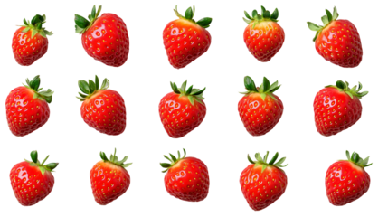 Bright fresh strawberries, arranged in neat rows, vibrant red color, green stems, white background, symmetrical pattern. Isolated on white background or on a transparent background.