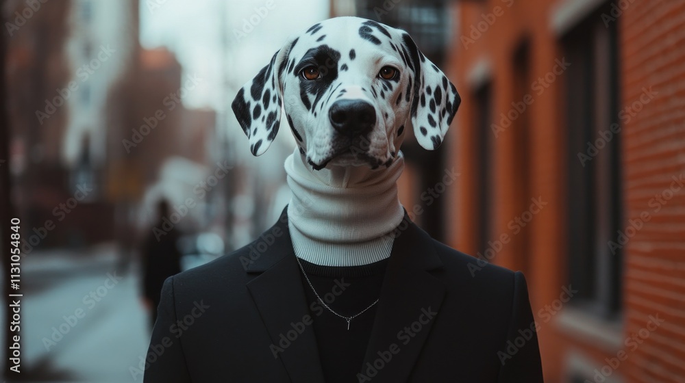 Aufkleber a surreal image of a person with a dalmatian dog's head in an urban setting.