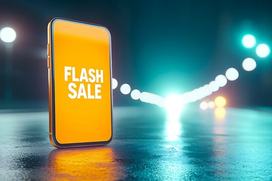 Special deals flash sale alert concept. A smartphone displays a vibrant "FLASH SALE" message, reflecting a modern and promotional atmosphere with blurred lights in the background.