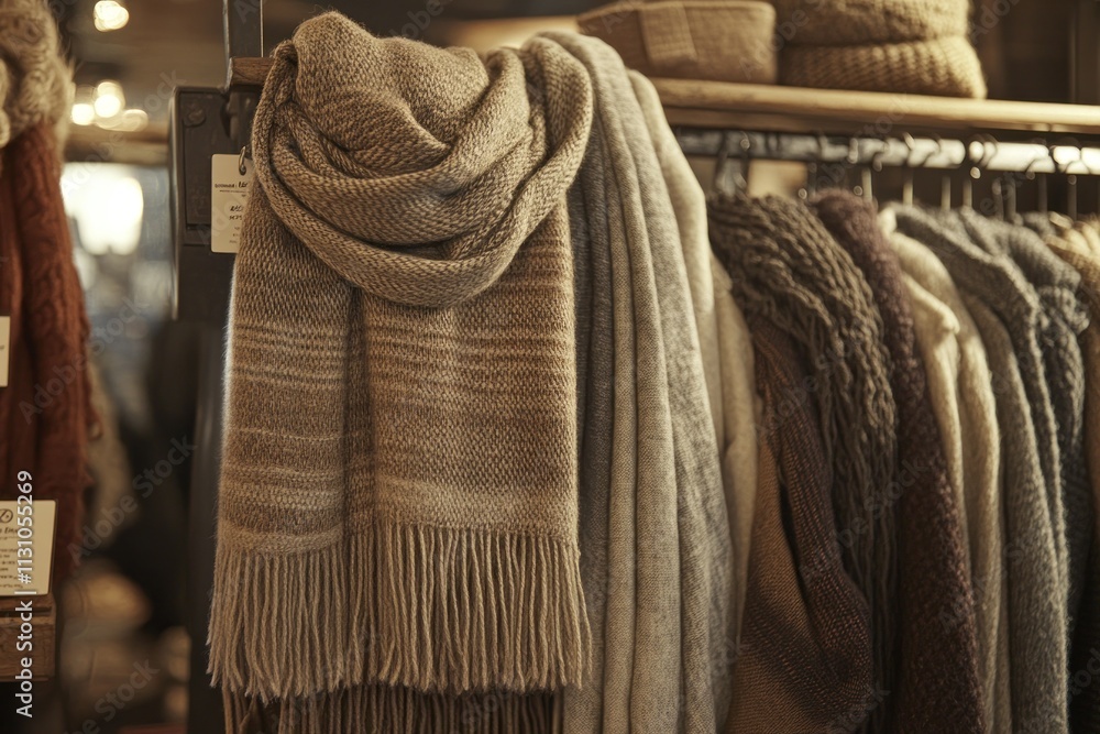 Poster a display of cozy scarves and wraps hanging on a rack in a warm, inviting setting.