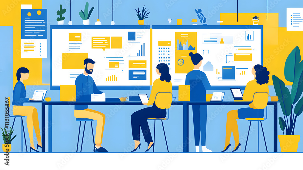 Poster a team of diverse professionals collaborates around a large screen displaying data visualizations an