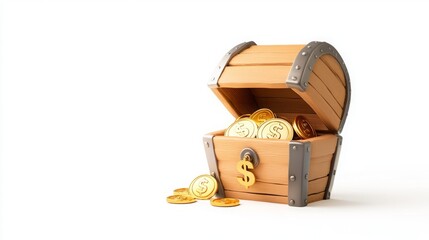 Dollar coin currency circulation money collector investment. A wooden treasure chest overflowing with shiny gold coins, symbolizing wealth and abundance.