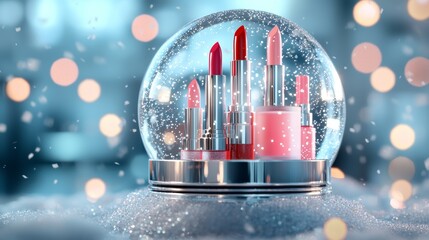 Lipsticks encased in a snow globe with sparkling lights in the background. Winter beauty and holiday makeup concept.