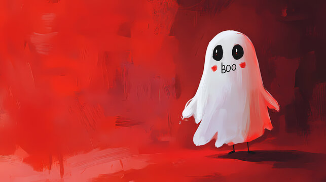 The word "boo" is emblazoned on this whimsical ghost, who stands against a stark red background. Emblazoned. Illustration