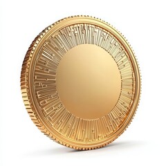 Dollar coin currency circulation money collector investment. A shiny, golden coin with intricate patterns along the edge, featuring a smooth center ideal for branding or customization.