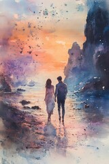 Fototapeta premium Romantic Couple Walking on a Beach at Sunset with Vibrant Watercolor Sky
