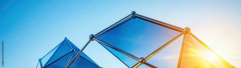 Poster a vibrant image featuring angular glass structures against a clear blue sky, illuminated by warm sun
