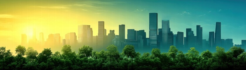 Obraz premium City skyline at sunrise, with trees in the foreground