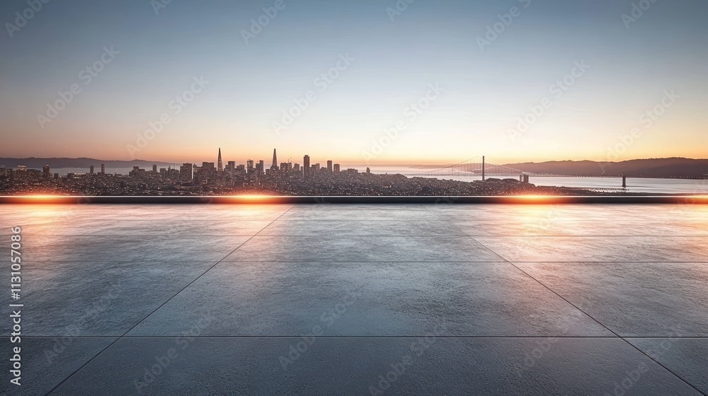Poster a panoramic view of a city skyline at sunset, showcasing modern architecture and serene atmosphere.