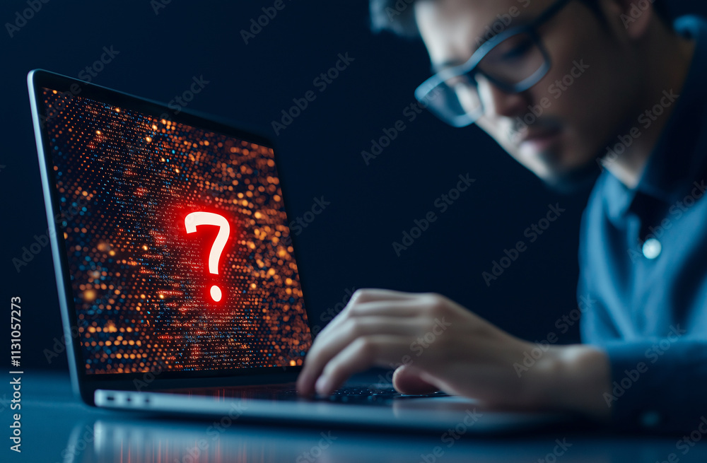 Poster man using laptop with glowing screen, deep in thought, surrounded by dark background. glowing displa