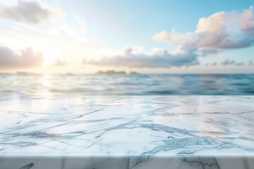 White marble table top with blurry sky and sea background ideal for product displays