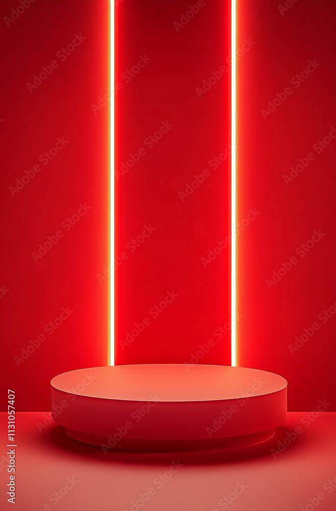 Aufkleber Bright red display with illuminated vertical lines against a circular platform in a minimalist setting
