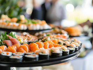Exquisite sushi platter displayed at a vibrant outdoor event during a sunny day