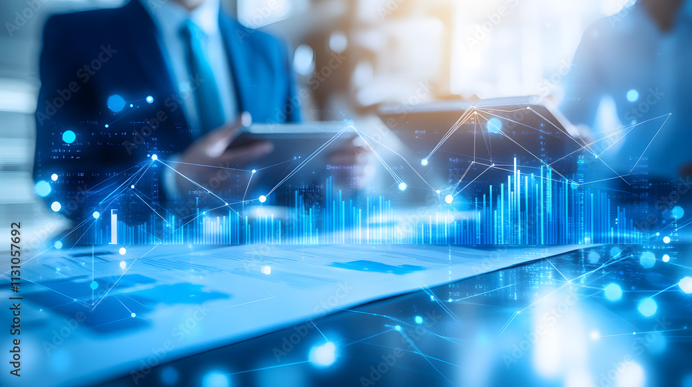 Poster blurred image of businesspeople using tablets with superimposed glowing blue graphs and network conn