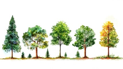 Fototapeta premium Colorful depiction of various trees showcasing seasonal changes.