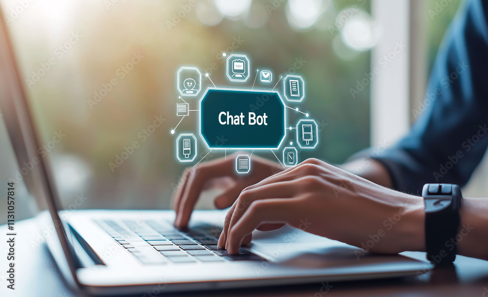 Poster person typing on laptop with chatbot interface displayed, showcasing technology and communication. s