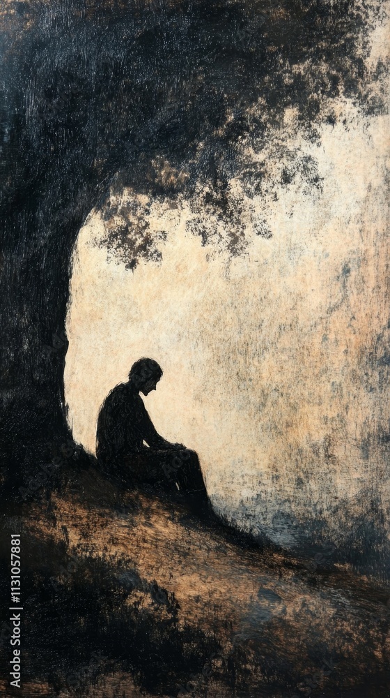 Poster ** Solitary Figure Sitting Under a Tree in a Serene Landscape with Soft Light and Shadows..**