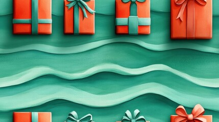 Fototapeta premium Colorful gift boxes with bows on a textured teal background.