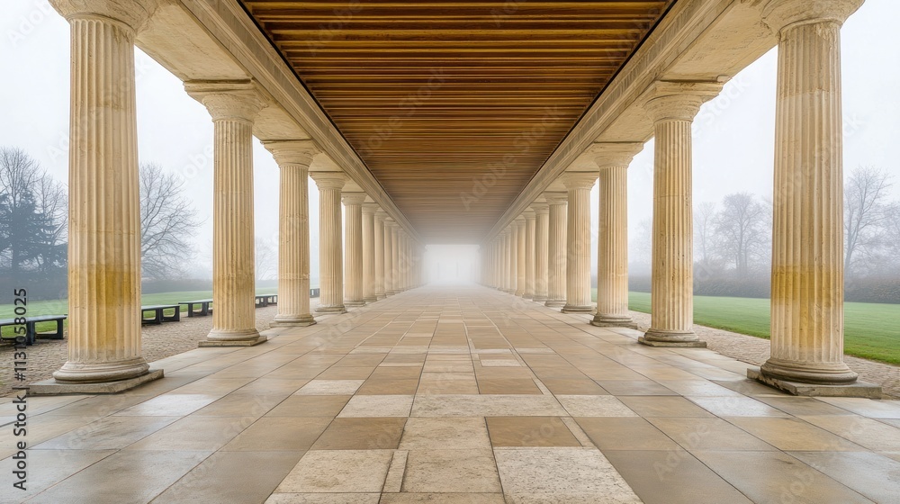 Poster a misty corridor lined with columns, leading to a foggy expanse.