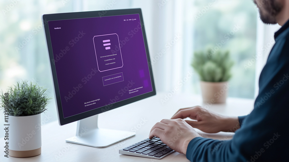 Poster person using computer with purple chatbot interface on screen, surrounded by plants. workspace is mo