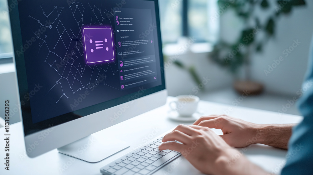 Poster person using computer with purple chatbot interface on screen, showcasing modern technology and comm