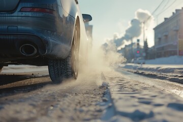 Fototapeta premium White smoke coming from car exhaust in winter