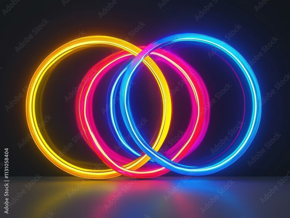 Poster interlocking neon circles rotating slowly digital art installation dark environment abstract concept