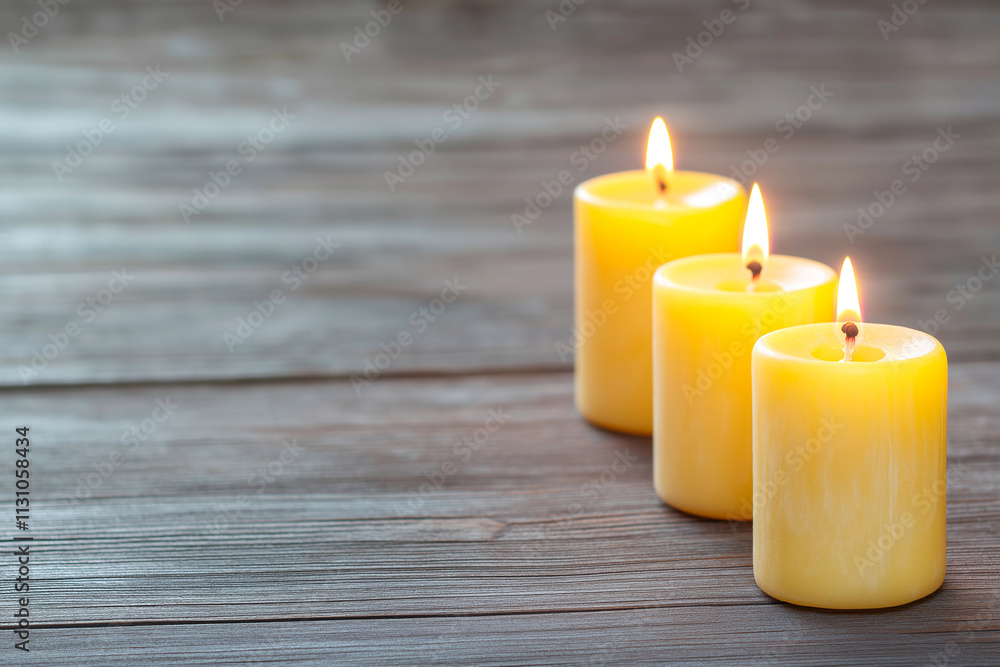 Aufkleber three yellow candles glowing softly on wooden surface create warm and inviting atmosphere. flickerin