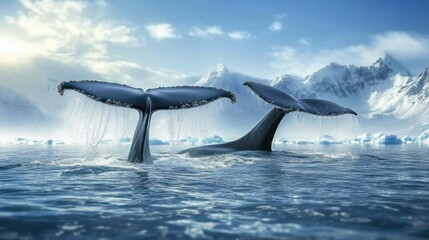 Naklejka premium Whales swimming together near the ocean's surface with their tails breaking the water